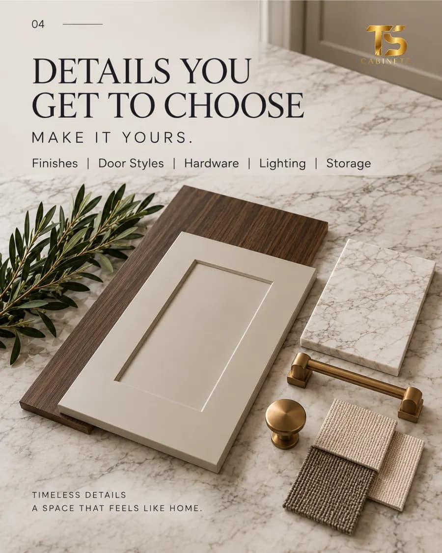 TS Cabinets social card: finishes, door styles, hardware and storage samples
